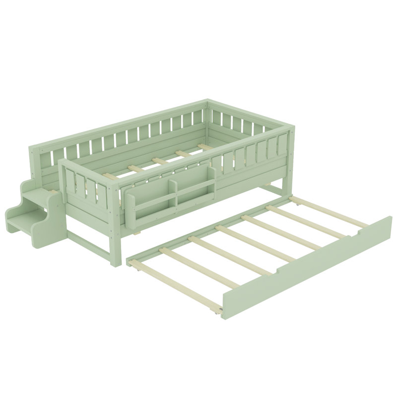 Lit simple avec lit gigogne, bibliothèque intégrée et petit escalier - Lit simple pour enfants avec rails de sécurité, blanc