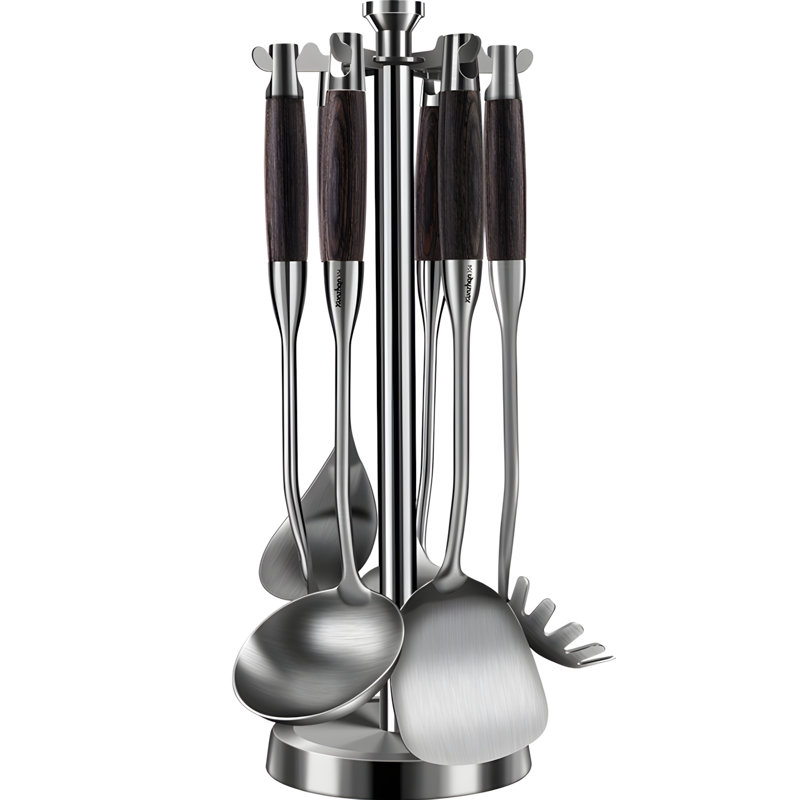 Stainless Steel Kitchen Utensil Set With Hanging Rack, Includes Spatula, Ladle, Slotted Spoon For Cooking And Serving