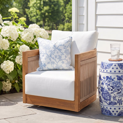 Helix Modern Coastal Acacia Wood Outdoor Swivel Club Chair with Woven Rope Accents and Water-Repellent Cushions
