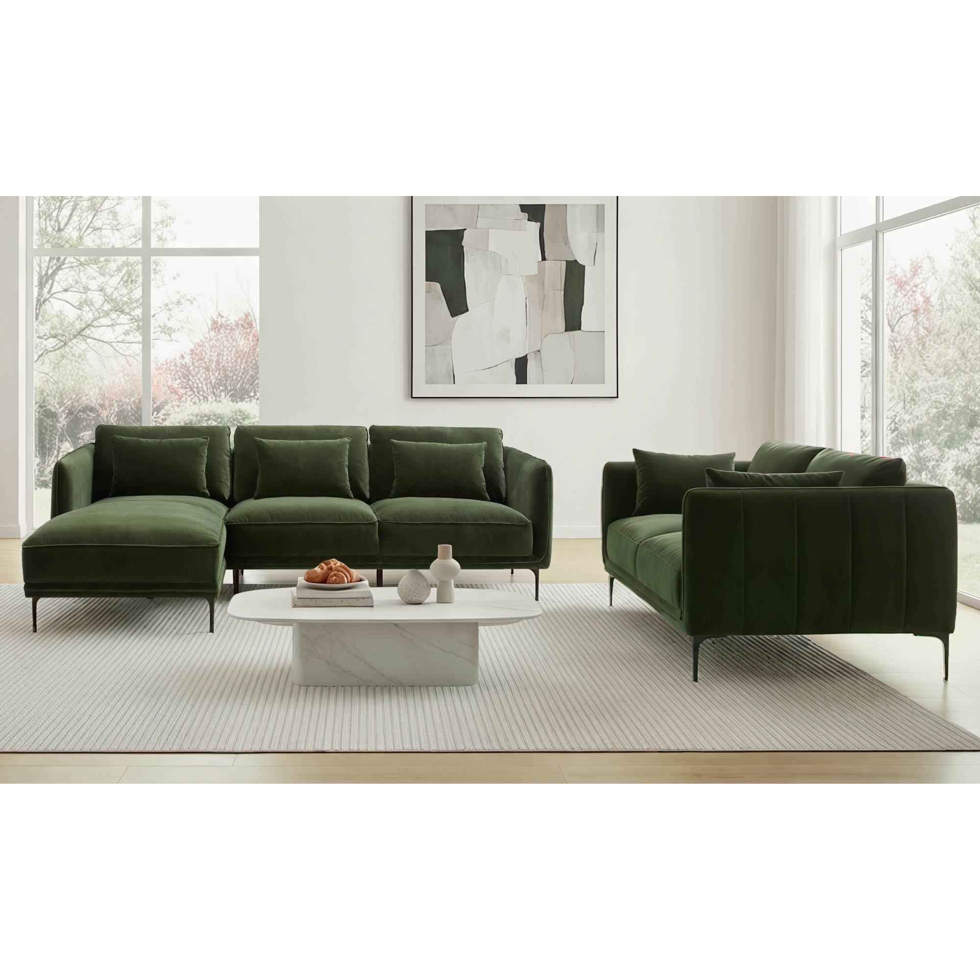 Rae 3 Piece Upholstered Living Room Set, Military Green, Left Hand Facing