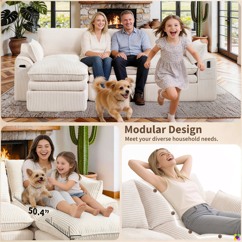 Canapé modulaire Kanfi de 103,54 po Kaneki, Velours côtelé beige