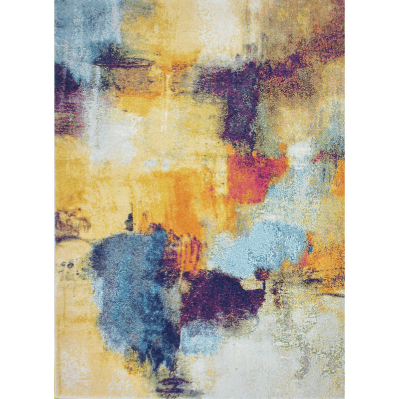 Vibrant Blue and Orange Abstract Synthetic Rectangular Rug 4' x 6'