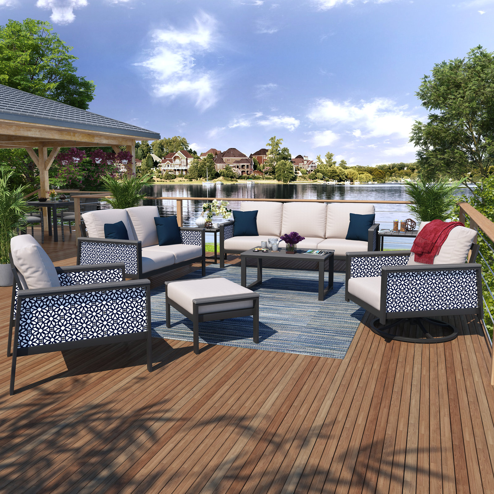 Townsend 7-Person Patio Seating Group, Canvas White/Lux Indigo Fabric