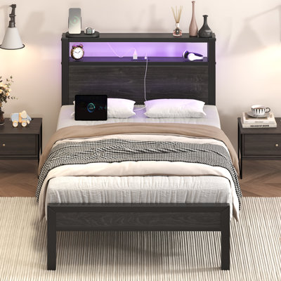 Twin Metal Platform Bed with 2-tier shelves, RGB LED Light, Charging Station, Easy Assembly, Black