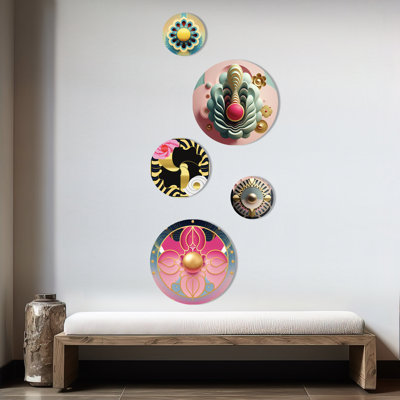 5 Pink And Gold Abstract Flower Wall Decor Set