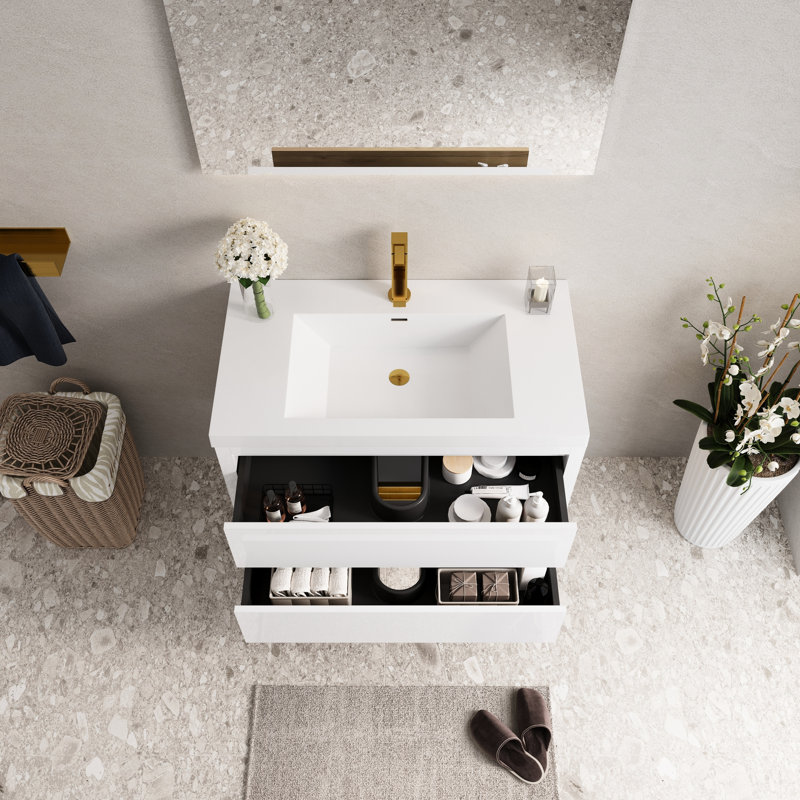Armoire de salle de bain 36 po avec lavabo, rangement spacieux et spacieux, comptoir de salle de bain flottant en résine hygiénique blanc brillant et tiroirs à fermeture en douceur