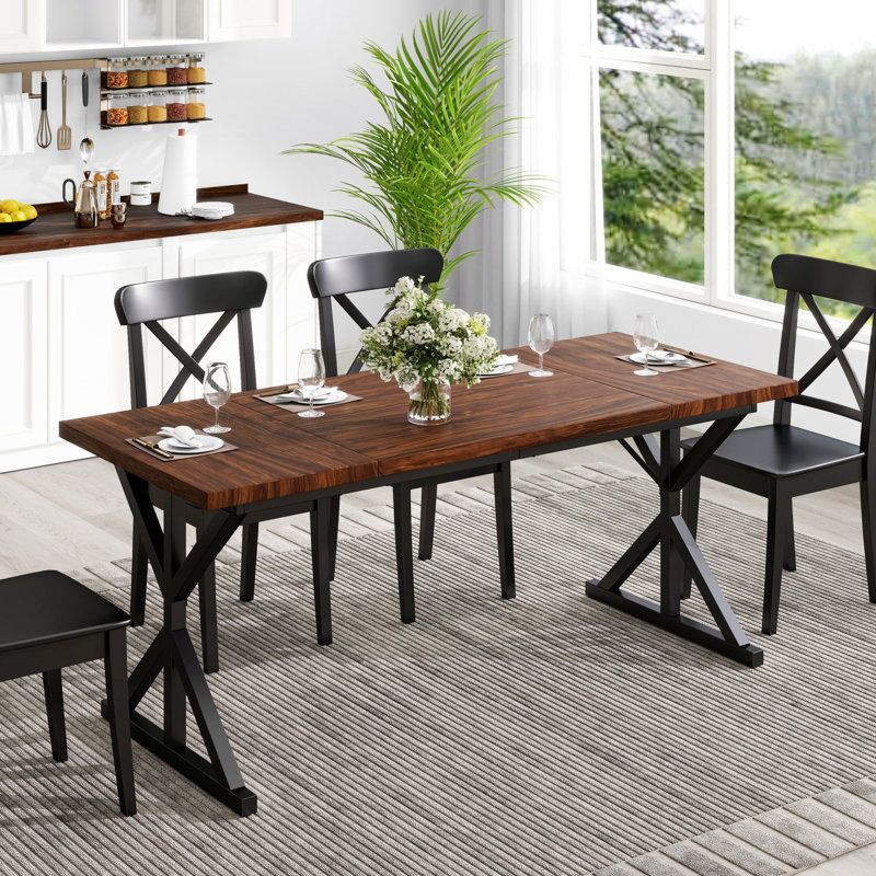 70.87" Modern Farmhouse Ironwood Dining Table (Walnut), Walnut, Black