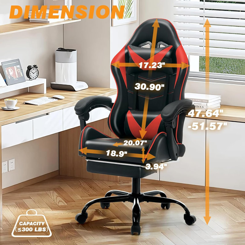 Easily Assembled Gaming Chair with Comfortable Reclining Backseat and Lumbar Support Massager, Red