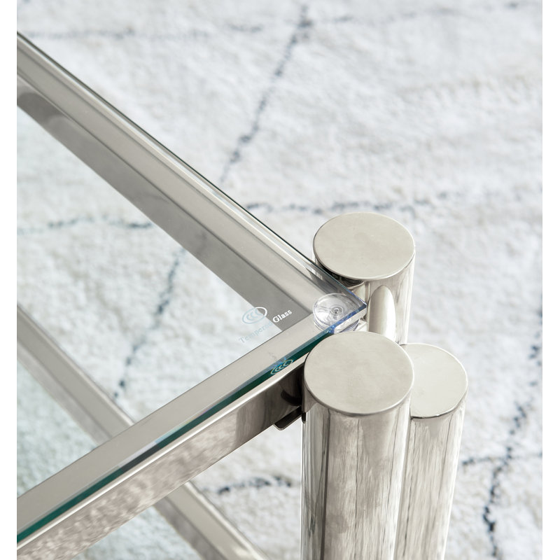 Table basse rectangulaire moderne en acier inoxydable de 50 po de largeur, table basse en verre trempé transparent à deux couches, table centrale avec rangement, pour le bureau à domicile, assemblage facile, argent