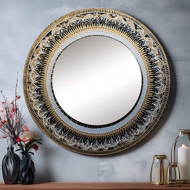Ousman blanc et or Mandala I - miroir décoratif Mandala Boho, miroir mural rond traditionnel, impression d'art en métal