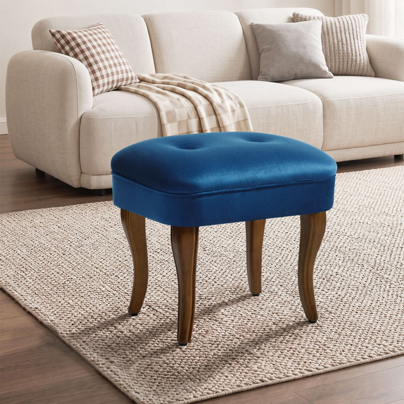 Tabouret de coiffeuse rembourré de 18,5 pouces avec pieds en bois massif, Bleu