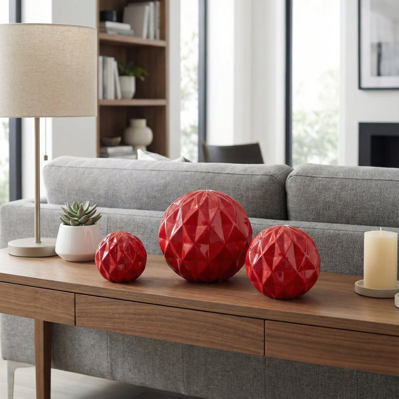Decorative Ceramic Deco Ball Sculpture for Home Decor - Modern Object Accent for Office Styling or Living Room Decoration - Set of 3, 6", 5",4", Red