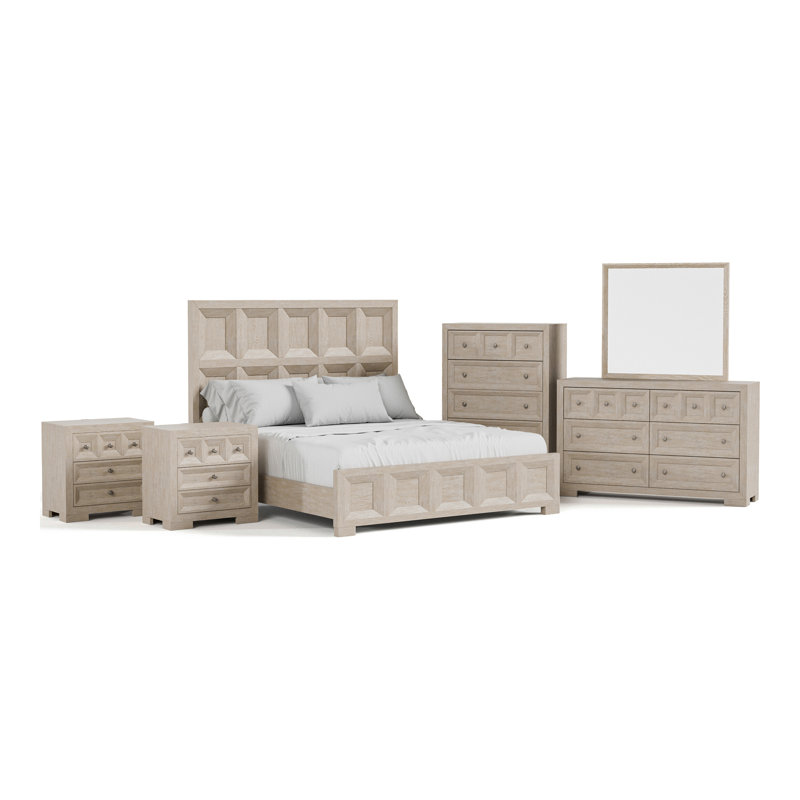 Ensemble de chambre à coucher 6 pièces Schell, Beige, King, 6 Pieces:Bed,2Nightstands,Dresser,Chest, Mirror