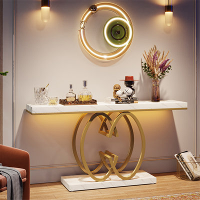 Lanagan Gold Console Table for Hallway, Faux Marble Geometric Entryway Table by Willa Arlo Interiors