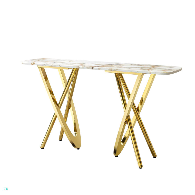 Console moderne moderne en acier inoxydable avec miroir à motif de marbre de 0,78 po d'épaisseur pour le salon