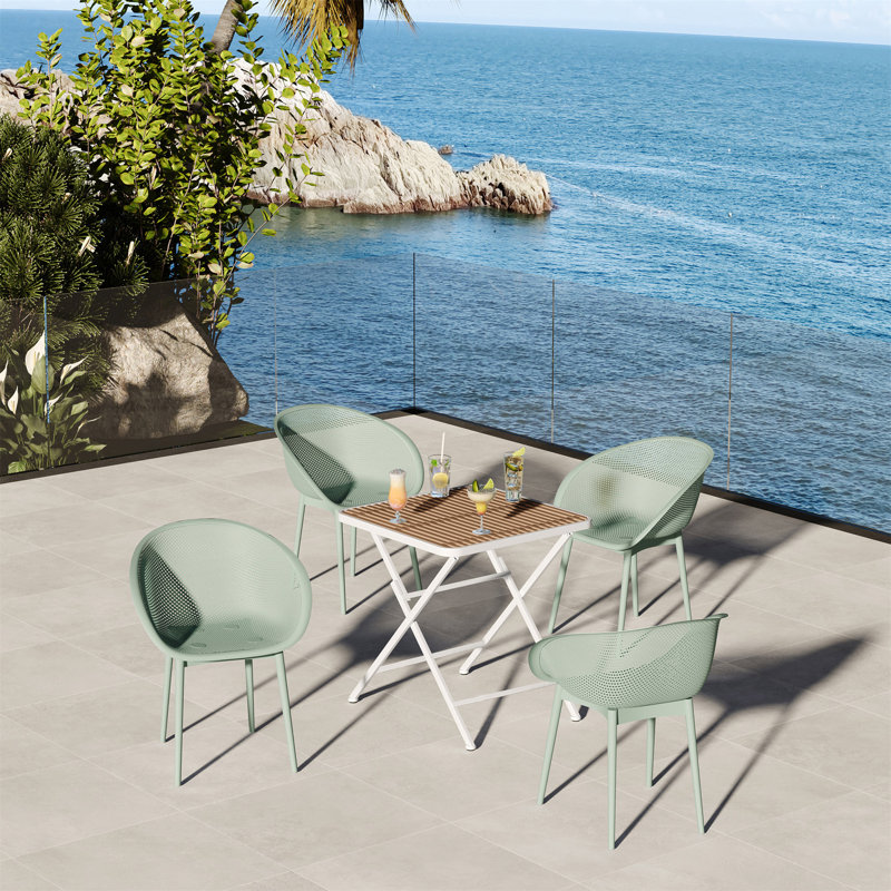 Holiday - 2-Pack Pale Green Modern Lounge Chairs – Indoor/Outdoor All-Weather PP Plastic With Modern Folding Indoor/Outdoor Multi-Functional Square Table- PP Tabletop With Metal Legs(White, Khaki)