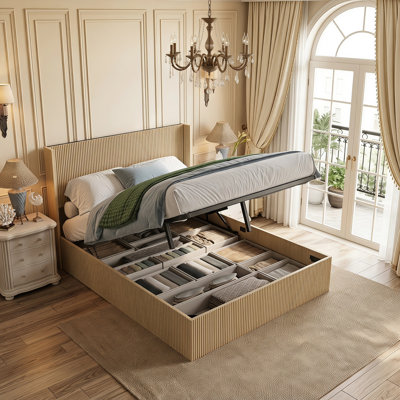 Granborough Lift-Up Storage Platform Bed, Hydraulic, Wood Raised Panel, No Box Spring, Noise-Free, Undulating Design