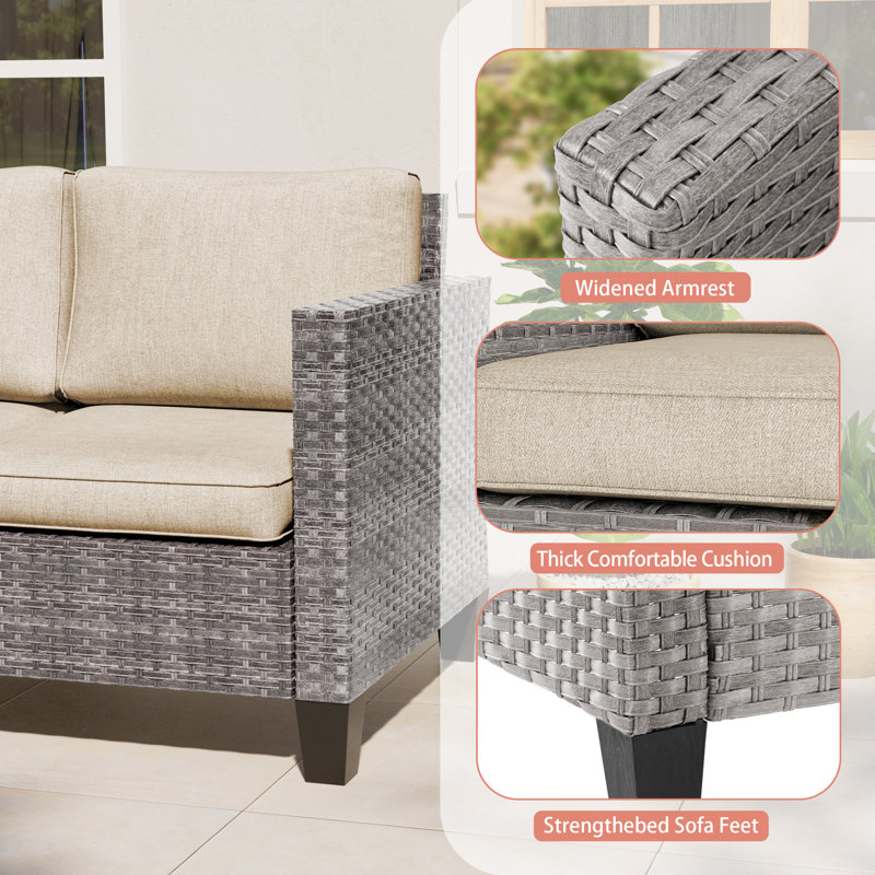 Patio Loveseat Sofa PE  Rattan Set With Thick Cushions and Sturdy Frame, Beige, Gray