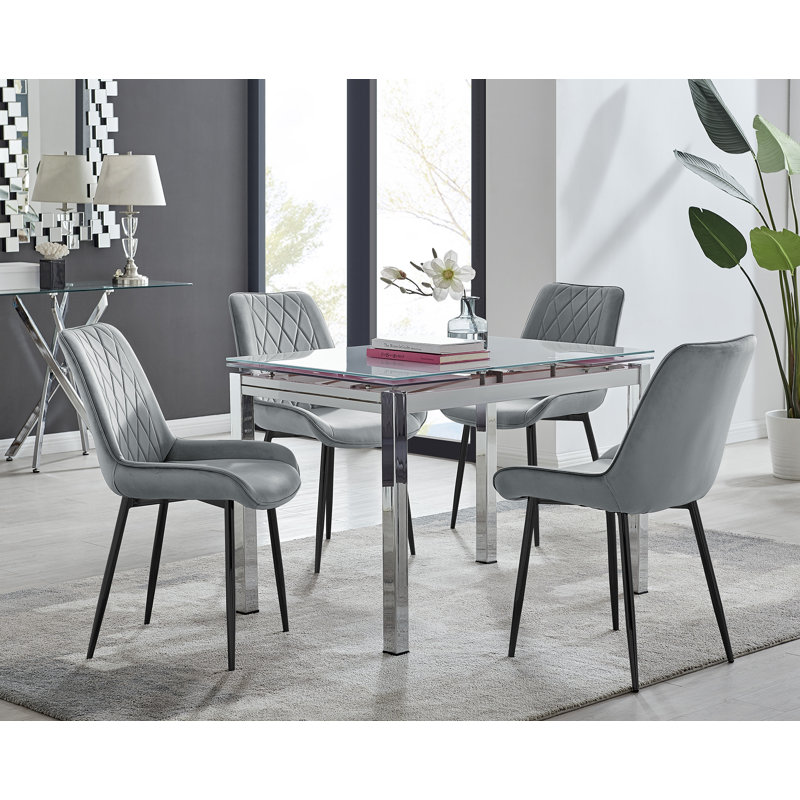 Tierra Modern Glass & Metal Extendable Dining Table Set & 4 Luxury Upholstered Velvet Dining Chairs, Gray/Silver