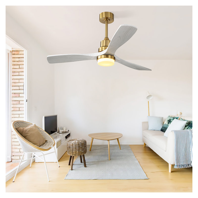 52 Inch Gold Ceiling Fan with Dimmable LED Light, 3 Solid Wood Blades - Remote Control Reversible DC Motor for Living Room, Bedroom