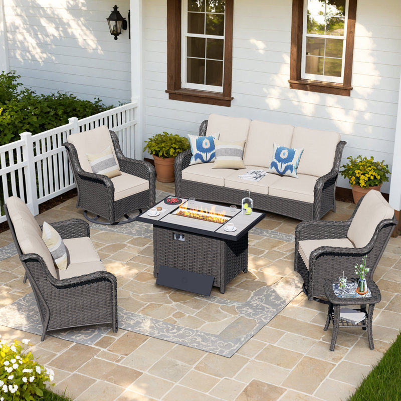 Tommy 7 - Person Patio Conversation Set with Cushions, Beige, Brown