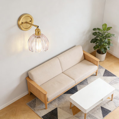 Ensemble de 2 appliques murales tulipe fabriquées à la main, avec applique murale en verre texturé rose et base en laiton, éclairage rétro pour chambre à coucher, salon, couloir