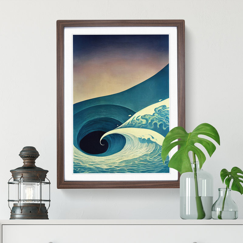 Heart Of The Ocean Wave Abstract - Single Picture Frame Print, 46cm H x 34cm W x 2cm D, Walnut