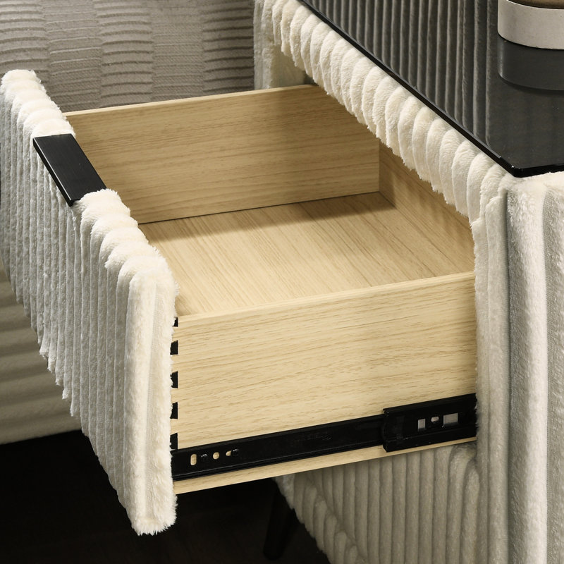 Table de chevet pour chambre à coucher avec revêtement en velours côtelé crème - Rangement à 2 tiroirs avec garantie d'utilisation à long terme Armoire de luxe rembourrée et spacieuse avec 2 matériaux de qualité