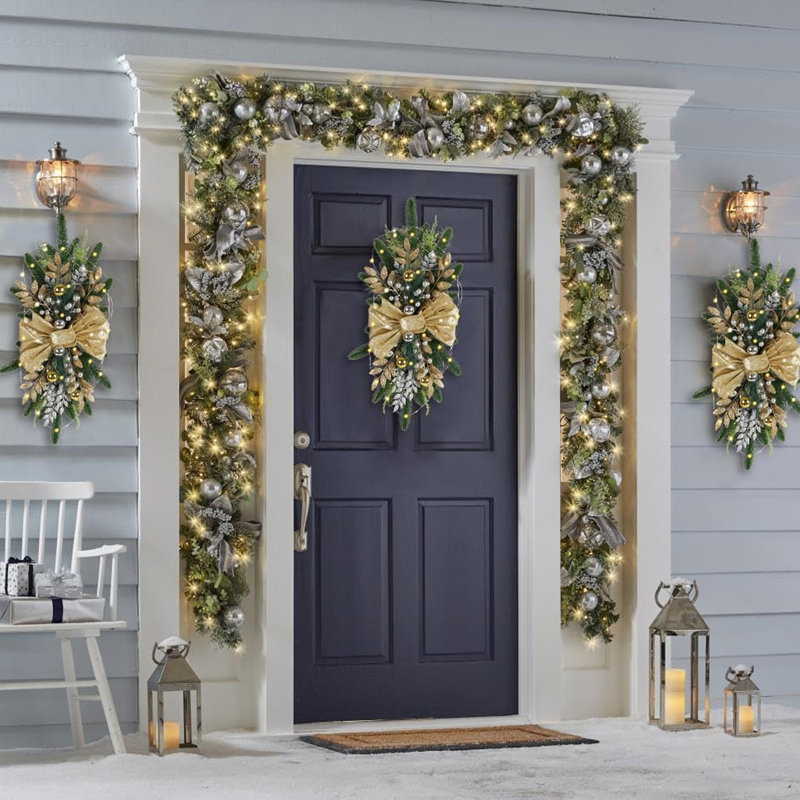 2 Pack Christmas Artificial Swags 24" Xmas The Cordless Prelit Stairway Swag Teardrop Trim Wreath Door Stair Swag Garland Christmas Swags For Outdoor Home Garden Decor (Ball