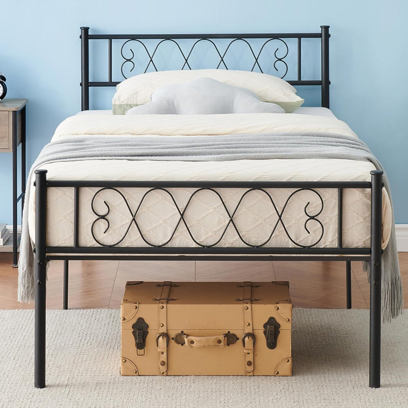 Lit plateforme en métal avec tête et pied de lit Sweet Heart, rangement sous le lit, aucun sommier nécessaire, meubles de chambre pour garçons et filles