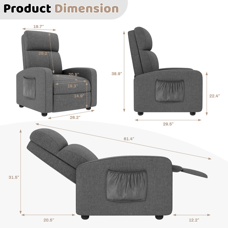 Fabric Recliner Chair, Single Reclining Sofa With Thicker Seat Cushion And A Side Pocket, Home Theater Seating With Adjustable Backrest And Footrest, For Living Room, Linen Gray