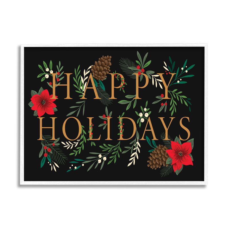 Joyeuses fêtes, accueil, typographie festive, feuillage d'hiver encadré, art texturé noir par Heather Mclaughlin, Cadre blanc