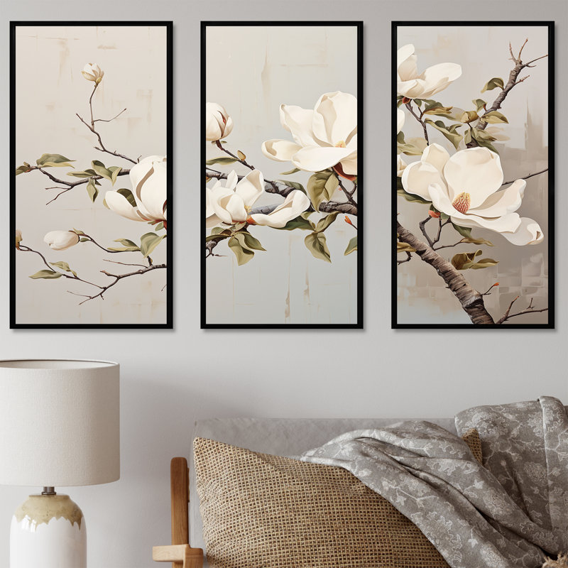 «Magnolias beige et vert», ensemble d'art mural Magnolias, H 28 po x l 36 po x P 1 po, Cadre flottant noir