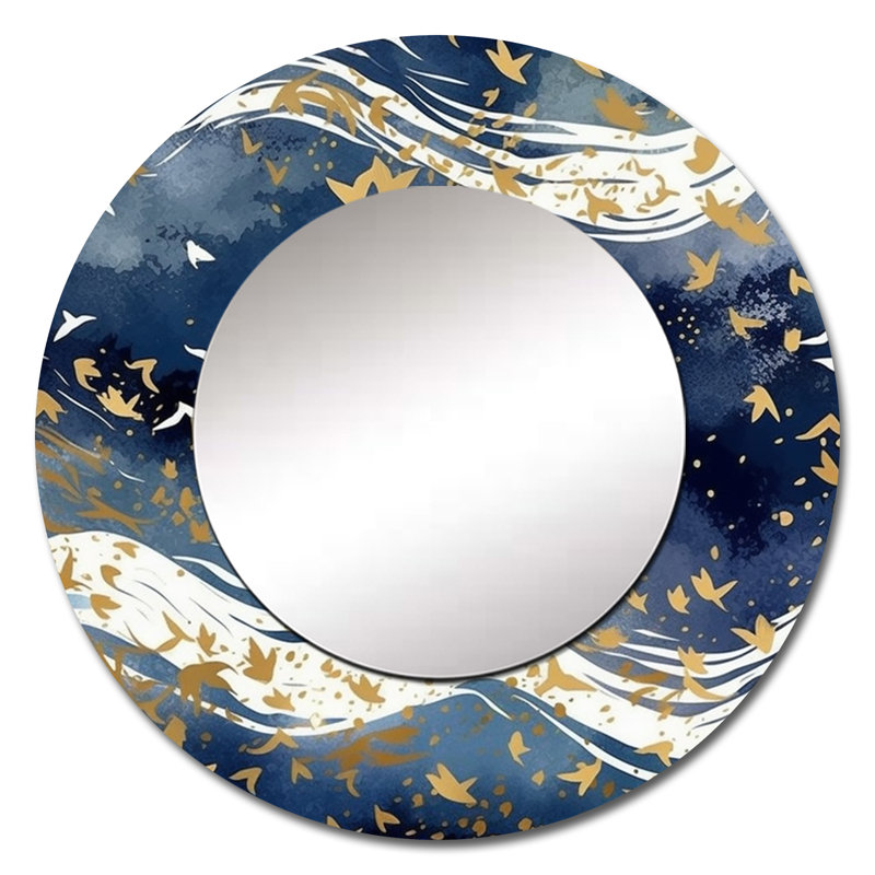 Bleu foncé et doré abstrait - miroir de fractales, miroir mural rond bleu, impression sur métal, 23 po x 23 po