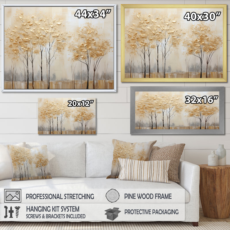 Minimalisme Golden Trees Tranquility I - art mural arbres, Encadrement argenté, 30" H x 40" W