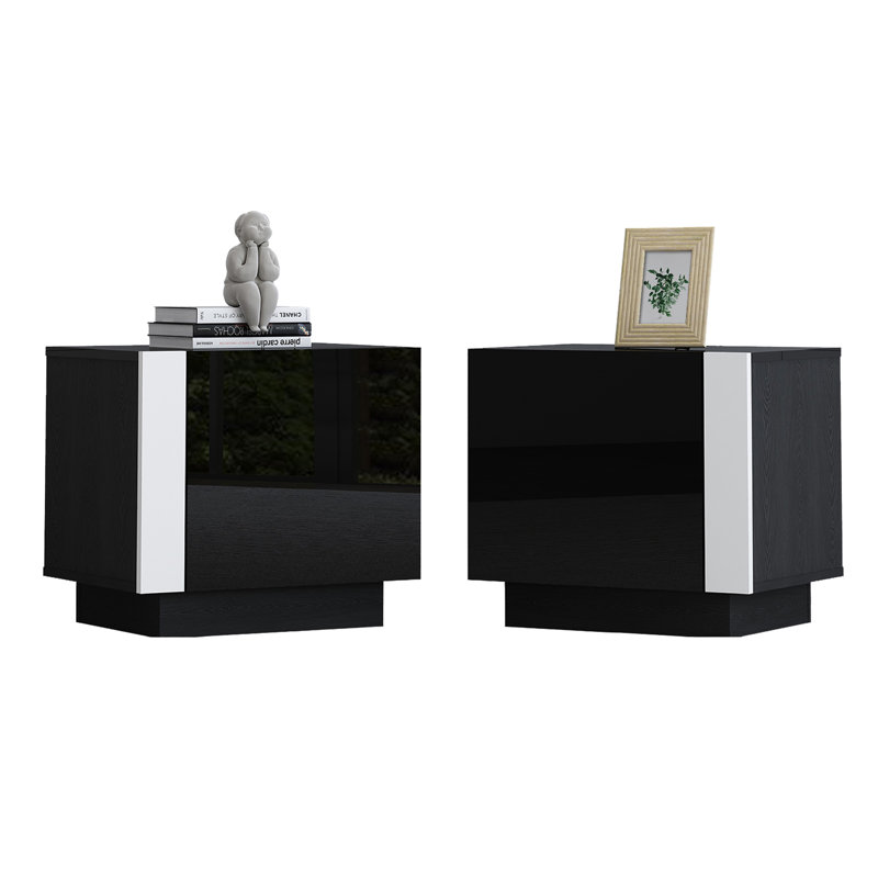 Bhhatu Highgloss Block End Table with Storage,Black, Black