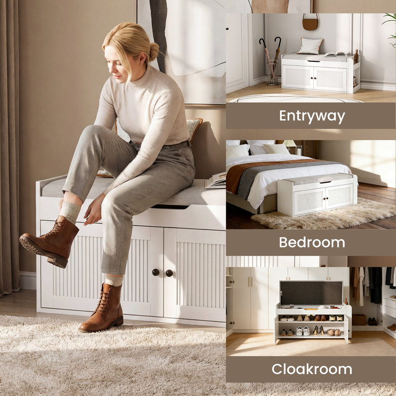 Banc de rangement pour chaussures 39,4 po, banc de rangement avec support latéral, banc de rangement pour chaussures avec coussin supérieur pour chambre à coucher, salon et entrée, blanc