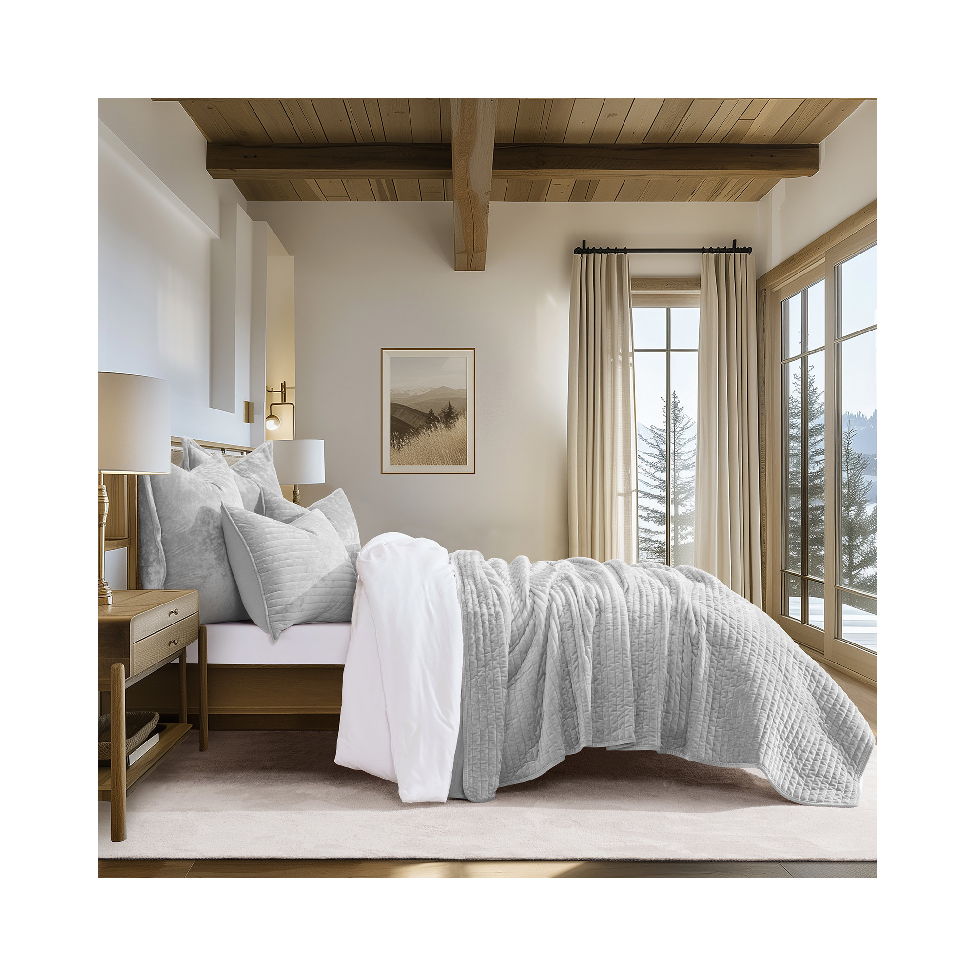 Luxe Velvet Channel Quilt Set, King, Frost Gray