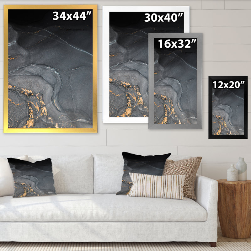 Gloden - Marbre noir et gris, art Ripples III - œuvre d'art sur toile Glam, Toile avec cadre blanc