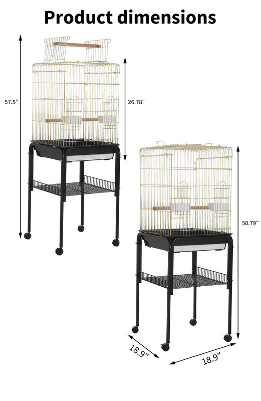 Volière Rolling Bird avec plateau ouvert, plateau de nettoyage en profondeur et tablette de rangement, H 57 po