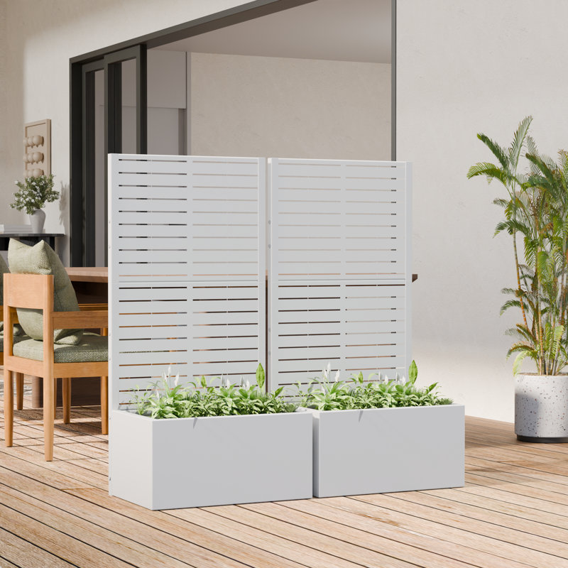47" H x 24" W Outdoor Metal Planter Box with Trellis Decor Raised Garden Bed with Lattice Panel for Patio, 1, White