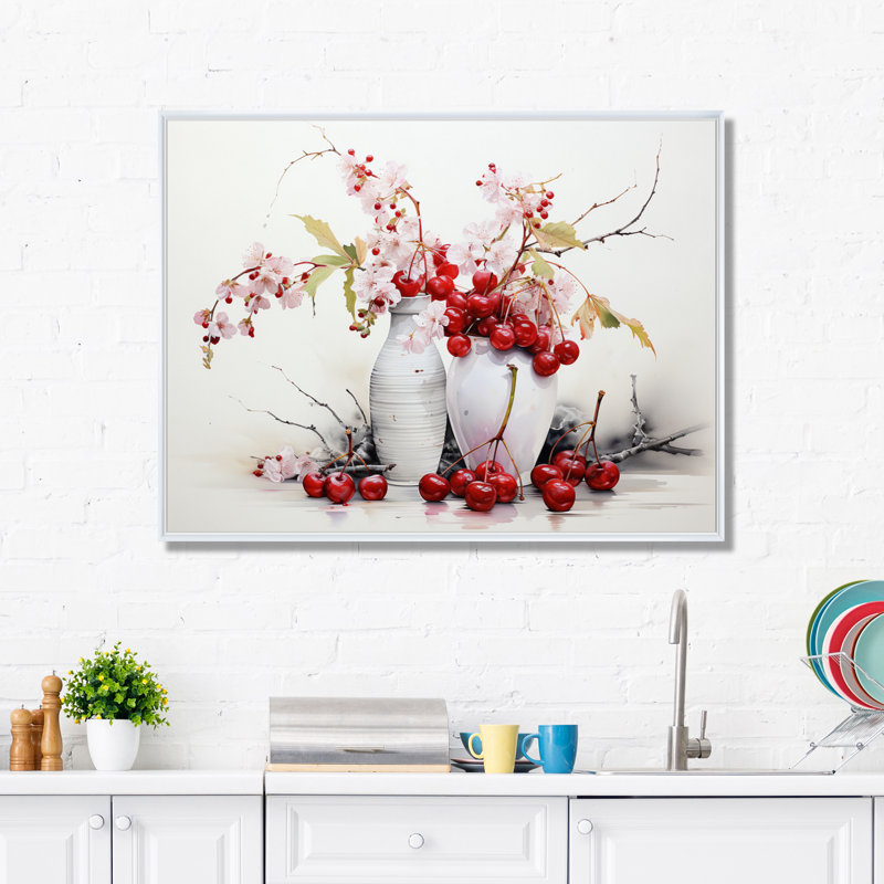 Cherry Simplicity - fruits, art mural, H 16 po x l 32 po x P 1 po, Cadre flottant blanc