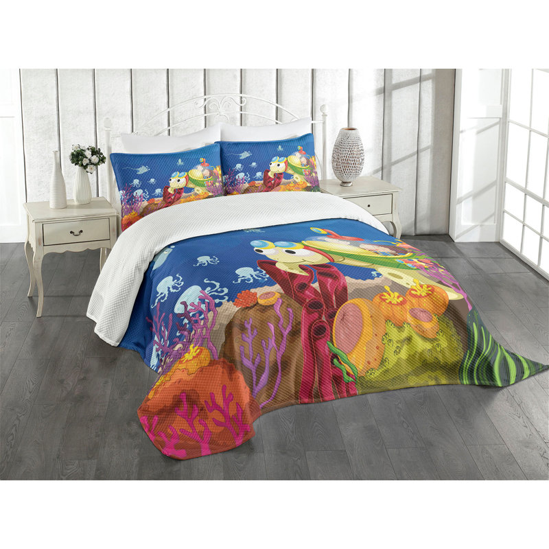Ambesonne Cartoon Bedspread Set Turtle Multicolor, King Bedspread + 2 Standard Shams