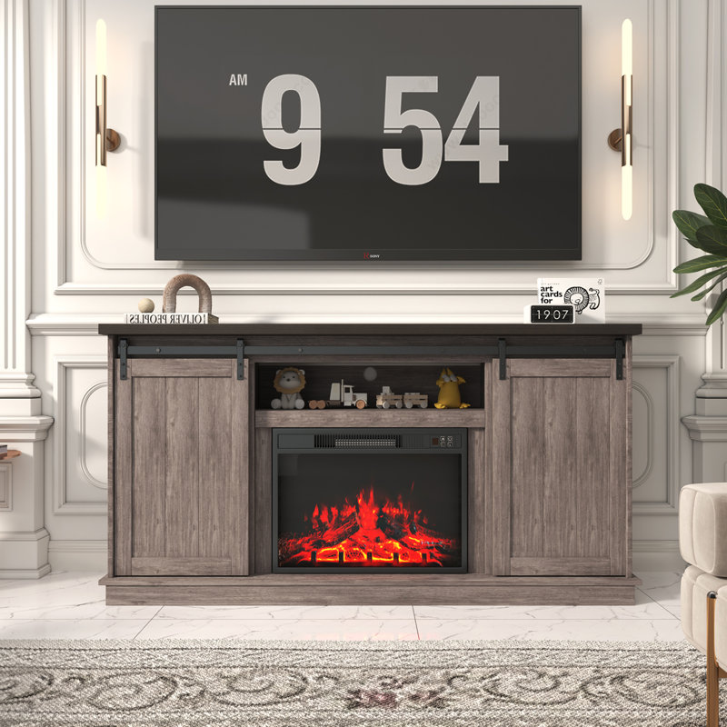 Gracie Oaks 63" Farmhouse Fireplace Tv Stand With Sliding Barn Door For Tvs Up To 73", Entertainment Center Tv Console Tabler With Storage Adjustable Shelves