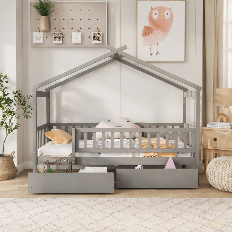 Lit simple en bois avec deux tiroirs, Gris