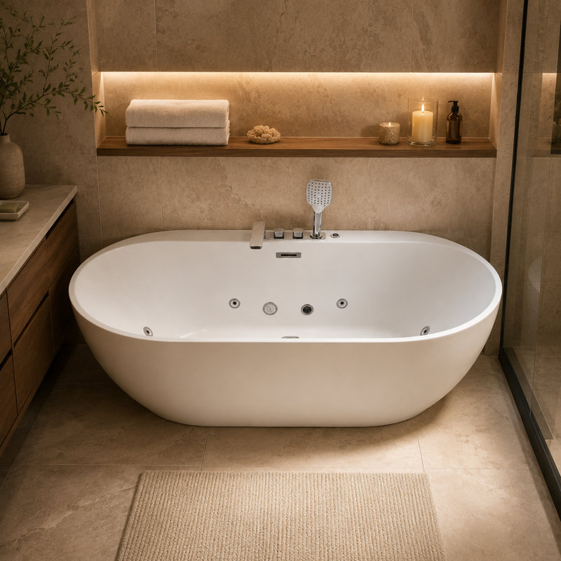 Baignoire de trempage 67 po avec bain à remous et baignoire à air avec ventilateur à vitesse réglable et interrupteur de commande de type d'air, blanc