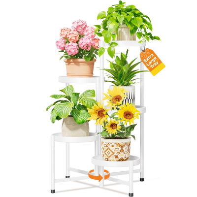 5 Tiered Folding Plant Stand Indoor For Multiple Large Planter, Tall Heavy Duty Adjustable Rack With Rust Proof 7.9 Inch Wide Tray, Sturdy Vertical Tree Organizer For Narrow Inside Floor, White