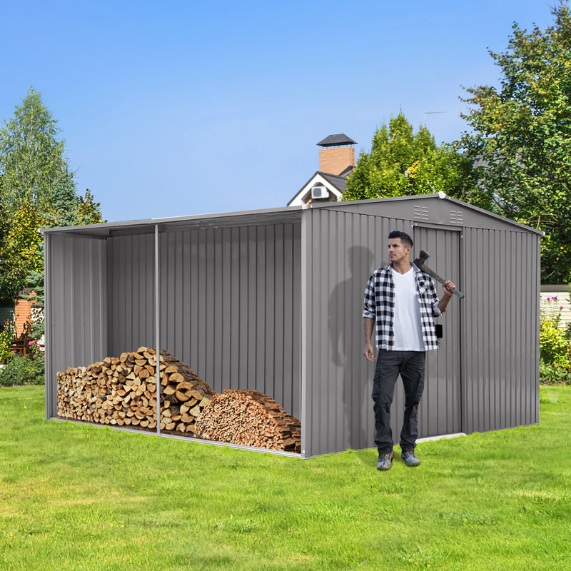 14X12 Ft New Outdoor Storage Shed Has Two Functions:Metal Shed And Firewood Shed , More Suitable For Winter , Grey