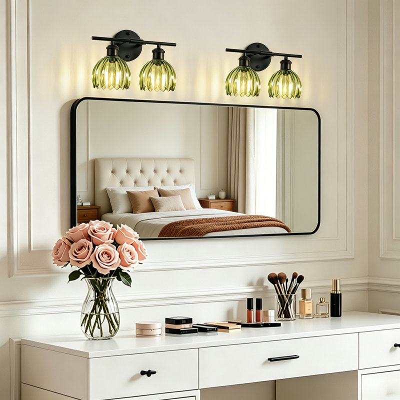 Luminaires de salle de bain modernes 12,2 pouces 3 lumières en noir mat avec abat-jour en verre tulipe vert, Vert, Noir mat