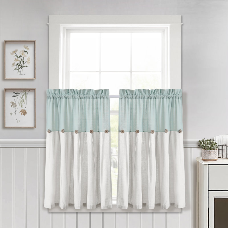 Blue and White Linen Button Kitchen Tier Curtains, 29" x 36"